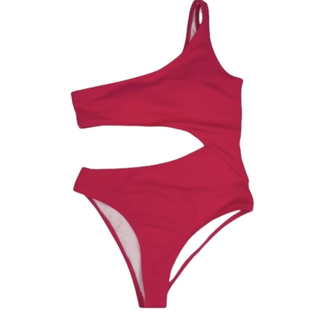 Shade & Shore One Shoulder Cut Out Ribbed One Piece Swim Pink S